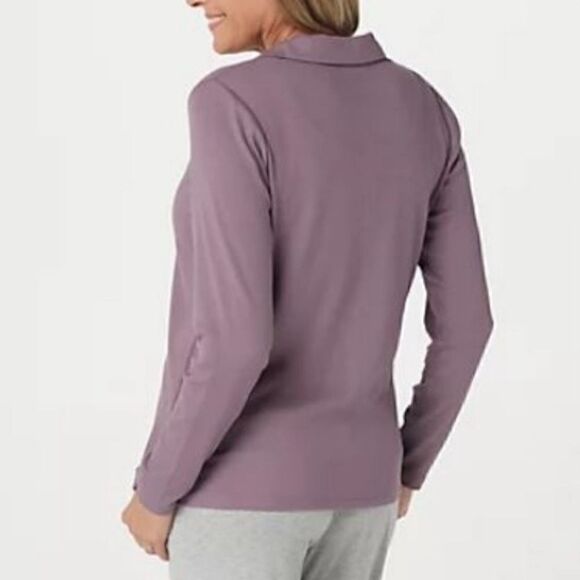 AnyBody Cozy Knit Collared Rib Button Front Long Sleeve Purple Top/Blouse - Picture 8 of 8